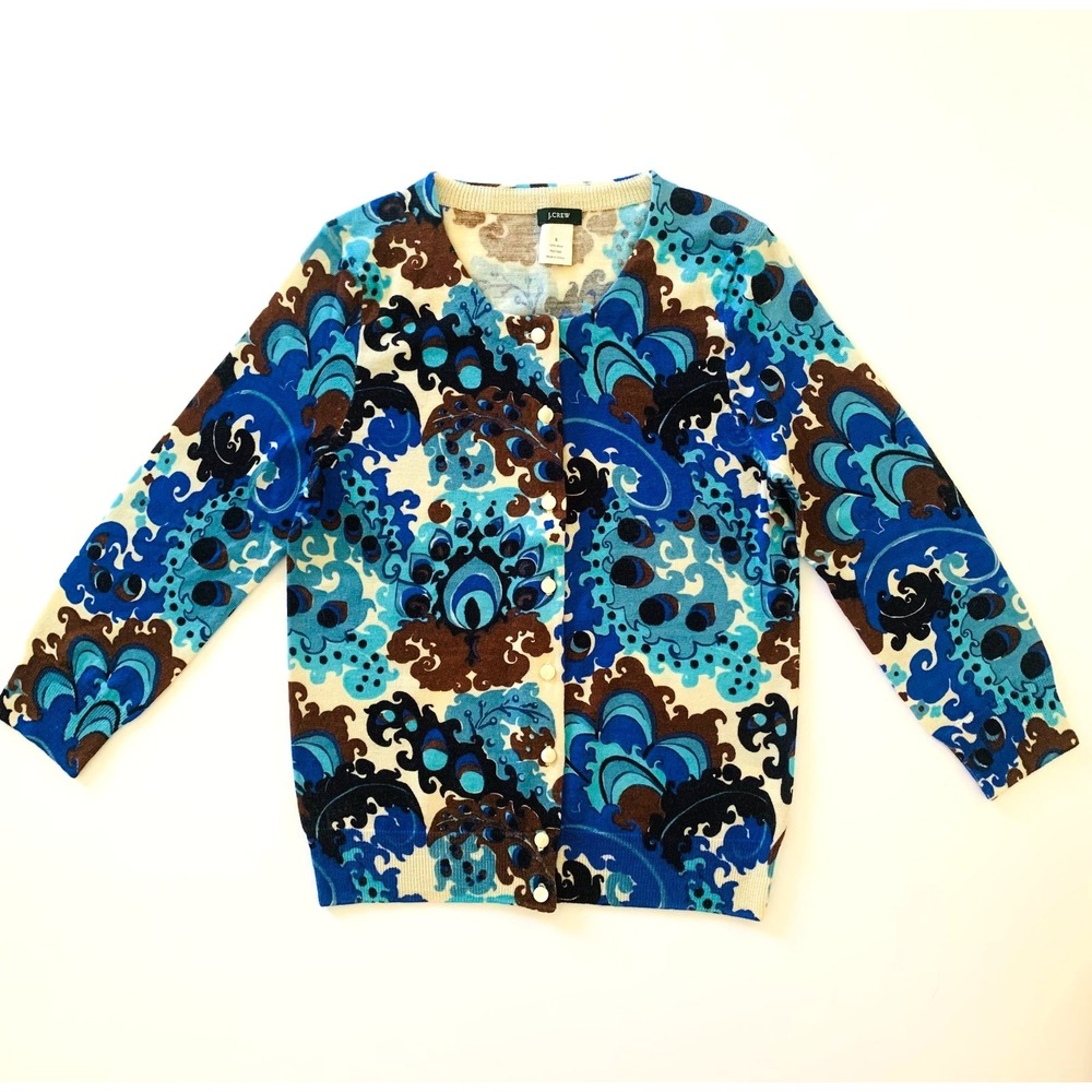 J Crew 3/4 sleeve Wool Cardigan Sweater S XS 0 2 Printed Paisley Blue Brown‎
